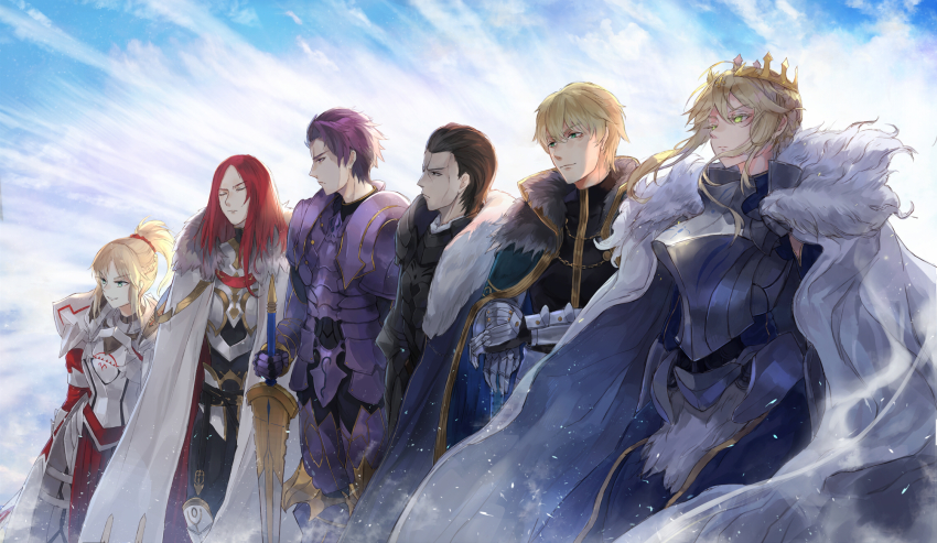 2girls 4boys agravain_(fate) armor armored_dress arondight_(fate) artoria_pendragon_(fate) artoria_pendragon_(lancer)_(fate) backlighting bad_id bad_pixiv_id black_armor black_eyes black_hair black_shirt blonde_hair blue_cloak blue_dress blue_sky braid breastplate clarent_(fate) cloak closed_eyes closed_mouth cloud commentary cross crown day dress excalibur_galatine_(fate) expressionless fate/grand_order fate_(series) faulds floating_hair french_braid fur-trimmed_cloak fur_trim gauntlets gawain_(fate) gold_trim greaves green_eyes grin hair_between_eyes hair_ornament hair_scrunchie hair_slicked_back high_collar highres holding holding_sword holding_weapon kachi knights_of_the_round_table_(fate) lancelot_(fate/grand_order) light_particles long_hair long_sleeves looking_away mordred_(fate) mordred_(fate/apocrypha) multiple_boys multiple_girls pauldrons ponytail purple_armor purple_eyes purple_hair red_hair red_scrunchie scrunchie serious shirt short_hair_with_long_locks shoulder_armor sidelocks sky smile standing sword tristan_(fate) vambraces weapon white_cloak wind