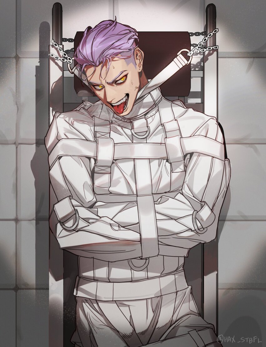 1boy absurdres bound crazy_eyes dead_by_daylight hair_slicked_back hex_stbfl highres male_focus purple_hair short_hair smile straitjacket sweat the_trickster_(dead_by_daylight) tongue tongue_out yellow_eyes