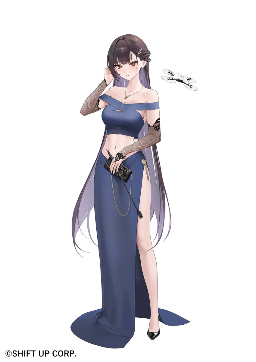 1girl bag bare_legs bare_shoulders blue_dress breasts bridal_gauntlets brown_hair cleavage collarbone dress drone earrings floral_print gloves goddess_of_victory:_nikke hair_ornament handbag high_heels highres holding holding_bag jewelry lace lace-trimmed_gloves lace_trim long_dress long_hair marciana_(nikke) medium_breasts midriff multicolored_hair navel_piercing necklace off-shoulder_dress off_shoulder ohisashiburi piercing rose_print stomach stomach_piercing toned toned_female two-tone_hair very_long_hair white_background