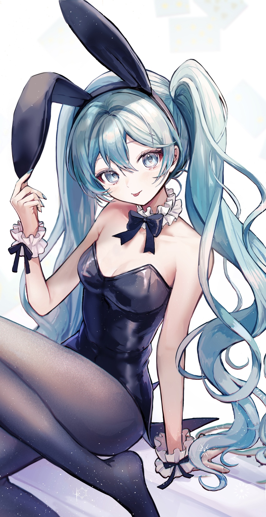1girl :p absurdres alternate_costume animal_ear_hairband animal_ears black_bow black_leotard black_pantyhose blue_eyes blue_hair blue_nails bow bowtie bracelet bunny_day commentary fake_animal_ears hairband hatsune_miku highres jewelry leotard looking_at_viewer nail_polish pantyhose pipi_(pipinavigation) playboy_bunny rabbit_ear_hairband rabbit_ears symbol-only_commentary tongue tongue_out twintails vocaloid