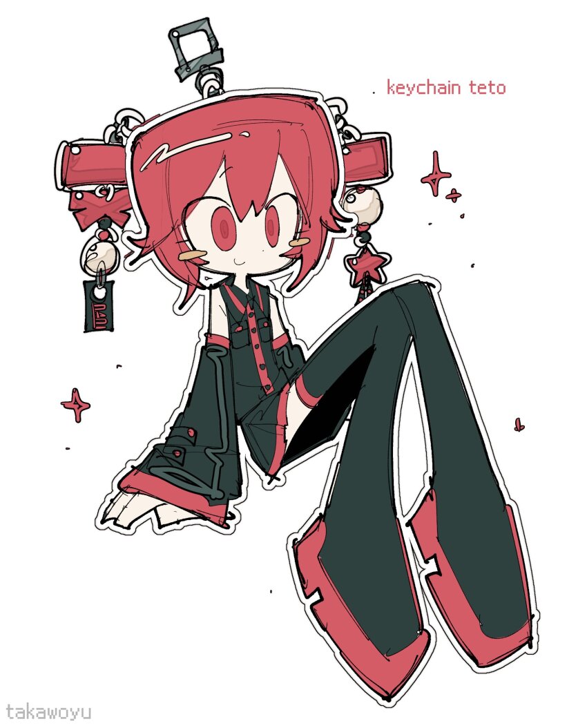 1girl arms_at_sides artist_name bare_shoulders black_boots black_shirt black_skirt black_sleeves blush_stickers boots buttons chain character_charm character_name charm_(object) closed_mouth collared_shirt colored_shoe_soles cross-eyed detached_sleeves dot_nose drill_hair flat_chest full_body hashtag-only_commentary highres invisible_chair kasane_teto kasane_teto_(utau) knees_together_feet_apart knees_up long_sleeves miniskirt no_sclera outline pleated_skirt pocket red_eyes red_hair red_trim shirt short_hair simple_background sitting skirt sleeveless sleeveless_shirt smile solo sparkle star_(symbol) takawoyu thigh_boots thighhighs twin_drills utau white_background white_outline zettai_ryouiki