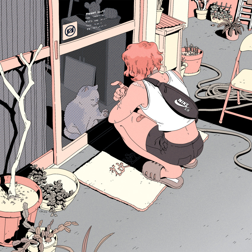 1girl animal bag bandaid bandaid_on_finger bandaid_on_leg bare_tree black_shorts cactus cat chair choo concrete crop_top folding_chair from_behind full_body grey_cat highres hose ladder limited_palette looking_at_animal midriff muted_color nike_(company) orange_hair original outdoors paw_up plant potted_plant sandals scar scar_on_arm scar_on_leg scar_on_shoulder shirt short_hair shorts sign signature sitting sliding_doors solo squatting tank_top thighs tree welcome_mat white_shirt white_tank_top