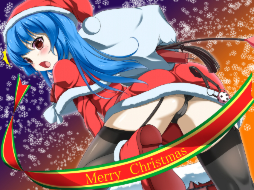 1girl ^^^ ass ball_gag black_panties blue_hair blush cameltoe candle fang female_focus gag garter_straps hat highres hinanawi_tenshi long_hair looking_at_viewer open_mouth panties red_eyes riding_crop sack santa_costume santa_hat solo thighhighs toron_(mino106) touhou underwear whip wiffle_gag
