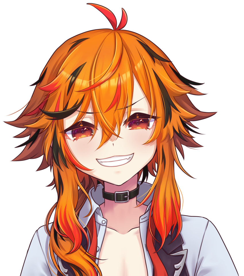 1girl belt belt_collar black_belt black_hair black_vest collar collarbone grin hair_between_eyes highres kazami_kuku large_variant_set long_bangs long_hair looking_at_viewer multicolored_hair nanashi_inc. open_clothes open_shirt open_vest orange_eyes orange_hair red_hair reona_kfc02 shirt simple_background smile solo transparent_background upper_body v-shaped_eyebrows variant_set vest virtual_youtuber white_shirt