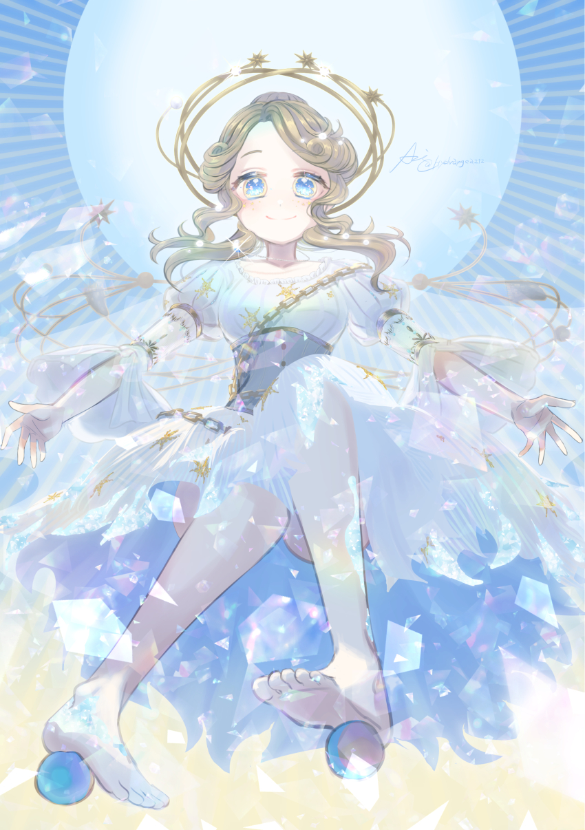 1girl absurdres bare_legs barefoot blonde_hair blue_background blue_eyes chain circle closed_mouth corset dress emma_woods emma_woods_(cosmic_witch) floating full_body grey_corset hair_bun halo highres identity_v legs light_particles long_hair looking_at_viewer orb purple_skirt shards short_sleeves signature skirt smile soles solo sparkle straight-on striped_background toes two-tone_skirt vermicul-um white_dress white_skirt