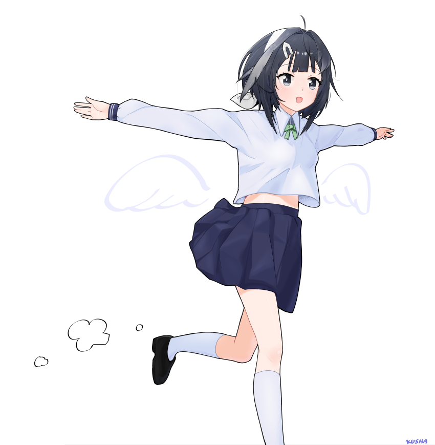 1girl :d absurdres ahoge arknights artist_name black_eyes black_hair black_shoes blue_skirt blush bow bowtie collared_shirt dot_nose drawn_wings foot_out_of_frame foot_up from_side green_bow green_bowtie hair_bow hair_intakes highres kneehighs kushaaaa4 la_pluma_(arknights) long_sleeves looking_ahead medium_hair midriff_peek mini_wings miniskirt open_hands open_mouth outstretched_arms pleated_skirt running school_uniform shirt shirt_overhang shoes sidelocks simple_background skirt sleeve_cuffs smile socks solo white_background white_bow white_socks wings