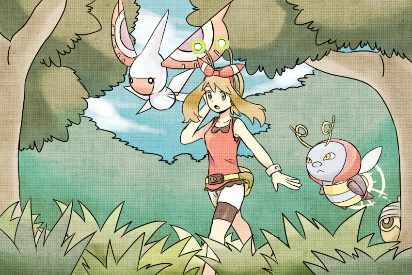 1girl blue_sky breasts brown_hair bush cloud cloudy_sky creature day flying gen_3_pokemon grey_eyes hair_ribbon masquerain may_(pokemon) mizuto_(o96ap) nintendo pokemon pokemon_(creature) pokemon_oras red_shirt ribbon seedot shirt shorts sky small_breasts tree volbeat walking