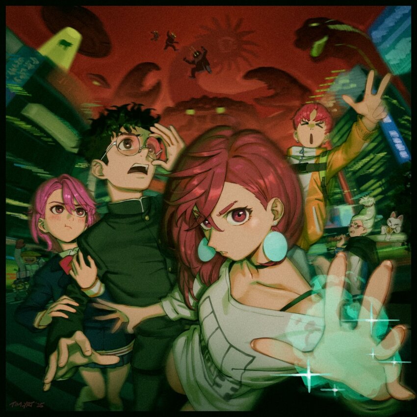 2boys 3girls ayase_momo ayase_seiko black_hair brown_hair cat dandadan earrings enjoji_jin gakuran glasses highres holding_another&#039;s_arm jewelry mature_female multiple_boys multiple_girls pink_hair red_hair school_uniform shiratori_aira_(dandadan) takakura_ken_(dandadan) tim_yan turbo_granny_(dandandan) white_hair
