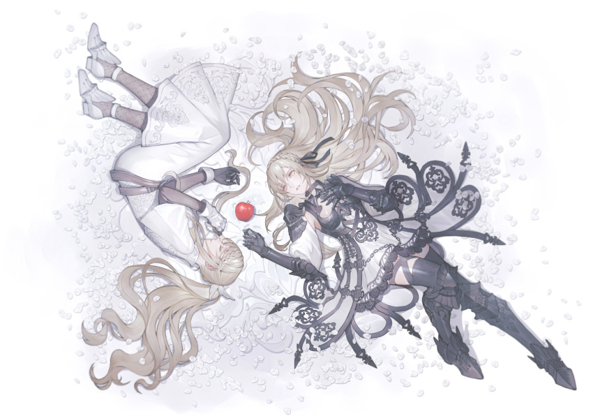 2girls apple armor blonde_hair dress fetal_position food fruit gauntlets greaves grey_eyes hand_on_own_chest lying multiple_girls original petals senano-yu white_background white_dress