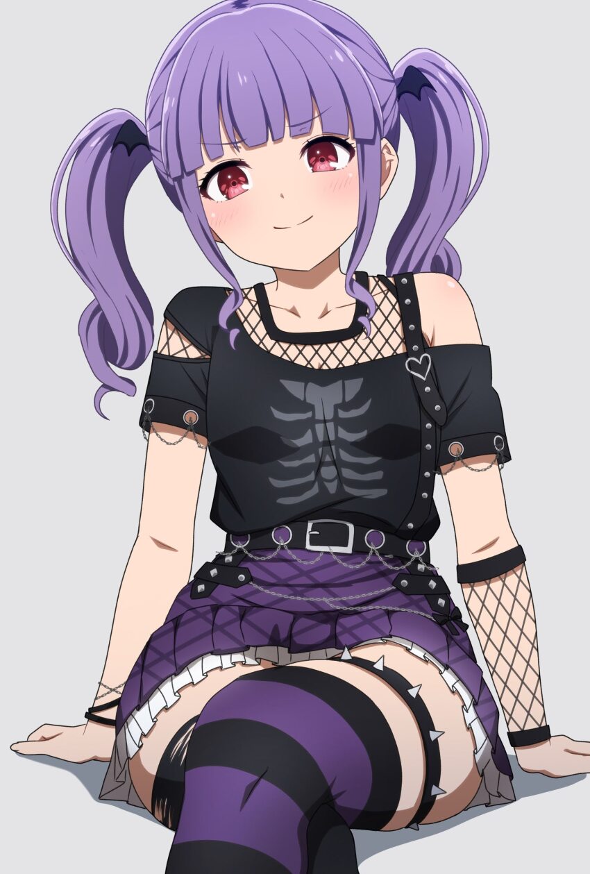 1girl absurdres bang_dream! belt black_belt black_shirt black_thighhighs bracelet chain commentary frilled_skirt frills grey_background heart highres horizontal-striped_clothes horizontal-striped_thighhighs jewelry looking_at_viewer noshimurin purple_hair purple_skirt purple_thighhighs red_eyes shirt simple_background single_bare_shoulder single_fishnet_armwear skirt smile solo thighhighs twintails two-tone_thighhighs udagawa_ako
