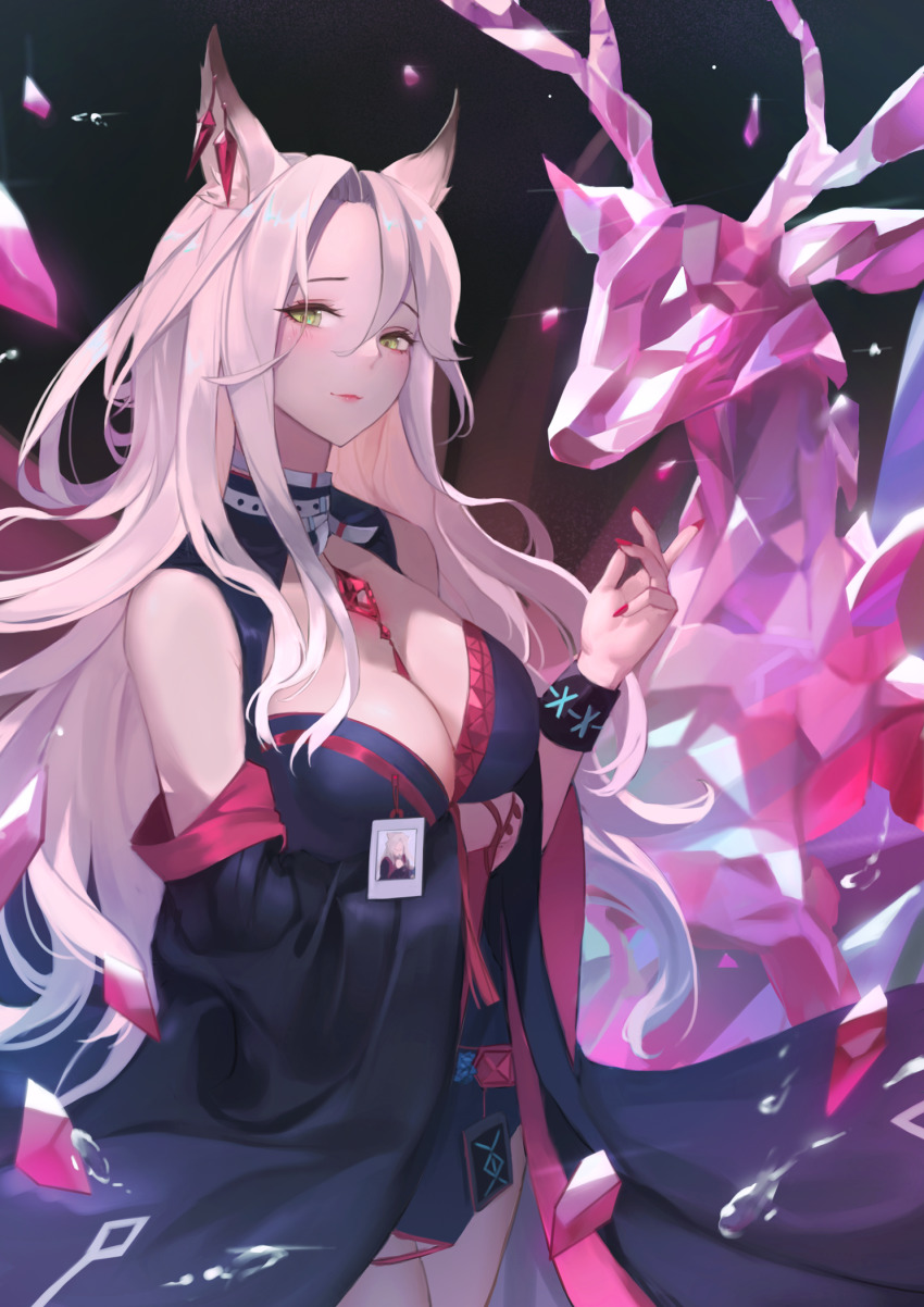 1girl animal_ears arknights bare_shoulders blush breasts cleavage commentary cowboy_shot crystal eru_(eru_illust) gitano_(arknights) gitano_(elite_ii)_(arknights) hair_between_eyes hand_up highres infection_monitor_(arknights) large_breasts long_hair long_sleeves looking_at_viewer nail_polish red_nails silver_hair solo standing wide_sleeves wristband yellow_eyes