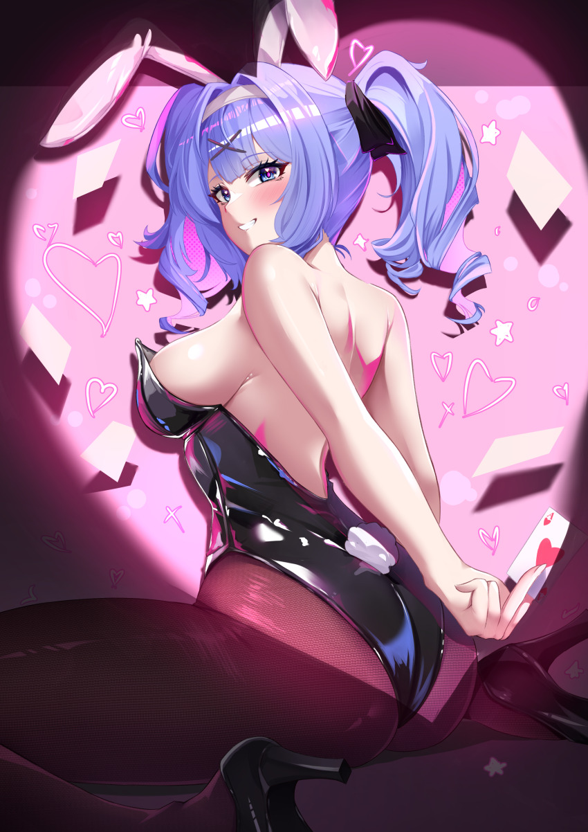 1girl absurdres ace_(playing_card) ace_of_hearts animal_ears ass bare_shoulders black_leotard black_shoes blue_eyes blush breasts byte-artist card eyelashes fake_animal_ears hair_ornament hairband hatsune_miku heart heart_in_eye high_heels highres leotard median_furrow pantyhose playboy_bunny playing_card rabbit_ears rabbit_hole_(vocaloid) rabbit_tail shoes sideboob smile solo strapless strapless_leotard symbol_in_eye tail twintails vocaloid white_hairband