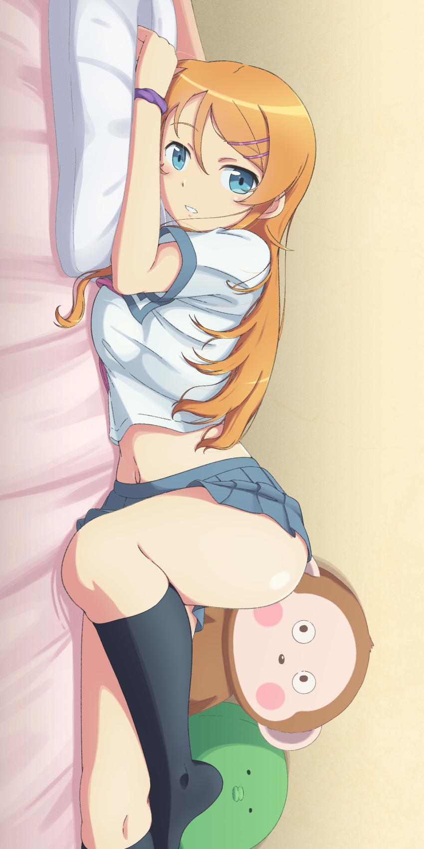 1girl absurdres black_socks blue_eyes breasts commentary english_commentary foot_out_of_frame from_side grey_skirt hair_ornament hairclip highres kneehighs kousaka_kirino kousaka_kirino&#039;s_school_uniform long_hair looking_at_viewer lying medium_breasts midriff mixed-language_commentary navel no_shoes on_stomach orange_hair ore_no_imouto_ga_konna_ni_kawaii_wake_ga_nai parted_lips pillow pleated_skirt purple_scrunchie scarletsky school_uniform scrunchie serafuku shirt short_sleeves skirt socks solo stuffed_monkey stuffed_toy teeth thighs white_shirt wrist_scrunchie