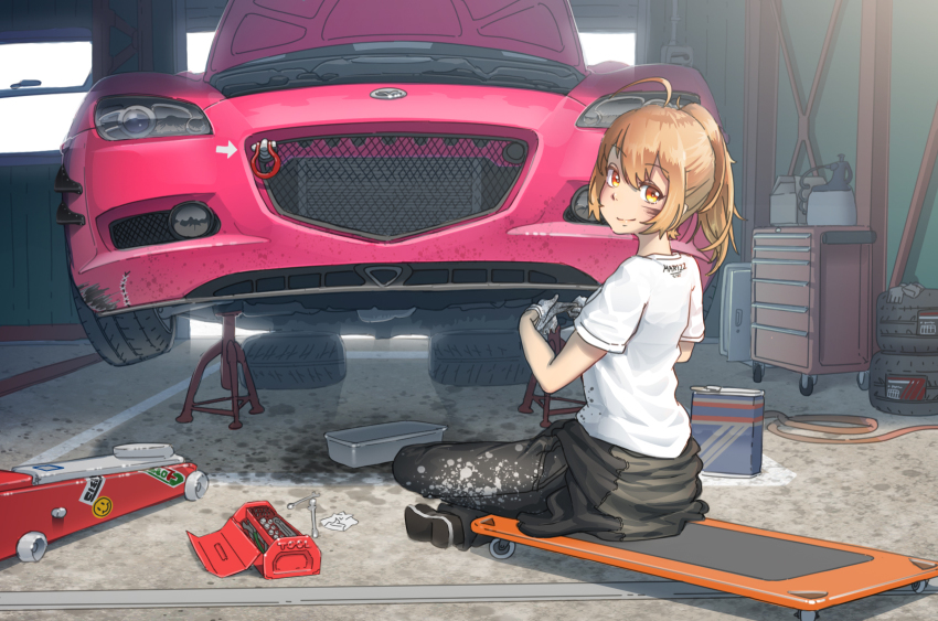 1girl ahoge bad_id bad_pixiv_id box brown_hair car character_request copyright_request foglight fxx garage gloves hanaka_kotone_(virtual_youtuber) highres hose indie_virtual_youtuber indoors jack_stand jerry_can looking_back mazda mazda_rx-8 motor_vehicle oil orange_eyes shirt short_sleeves socket_wrench toolbox vehicle_focus virtual_youtuber white_shirt window yellow_eyes
