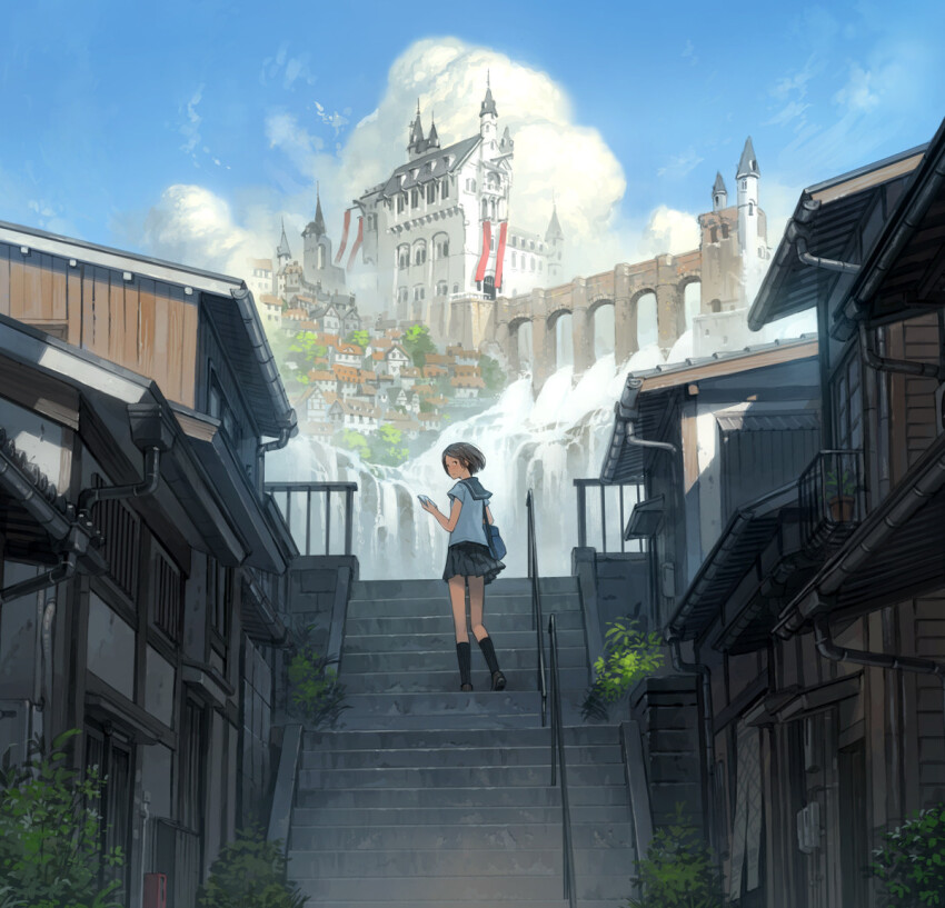 1girl arch bag banner black_socks blue_sky bridge brown_hair building bush castle cellphone cliff cloud commentary commentary_request day english_commentary grey_skirt gutter hill holding holding_phone looking_at_viewer looking_back medium_hair mixed-language_commentary on_stairs original outdoors phone railing satchel school_uniform shadow shirt shoes skirt sky smartphone socks stairs stone_bridge stone_stairs sunlight tower town tree water waterfall white_shirt yoshida_seiji