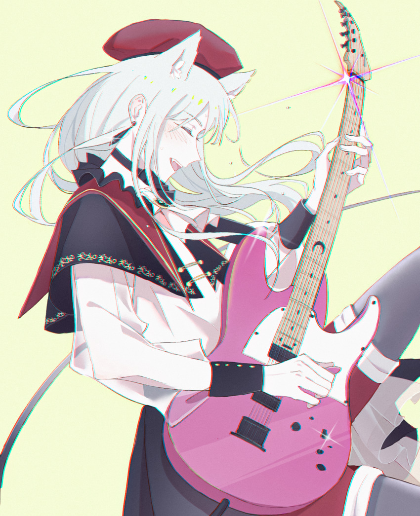 1girl :d animal_ears ascot bang_dream! bang_dream!_it&#039;s_mygo!!!!! beret black_capelet black_choker black_skirt black_wrist_cuffs blush buttons capelet cat_ears cat_girl choker chromatic_aberration closed_eyes collar commentary cowboy_shot crimiko earrings electric_guitar english_commentary fang floating floating_hair frilled_capelet frills from_side glint gold_trim green_brooch green_hair grey_pantyhose guitar hat highres holding holding_guitar holding_instrument holding_plectrum instrument jewelry kemonomimi_mode laces leaning_back leg_up long_sleeves mortis_(bang_dream!) mortis_(costume)_(bang_dream!) music no_mask open_mouth pantyhose pantyhose_under_shorts playing_instrument pleated_skirt plectrum profile red_collar red_hat red_shorts see-through_clothes see-through_sleeves shirt shorts shorts_under_skirt single_earring skirt smile solo sweatdrop wakaba_mutsumi white_ascot white_shirt white_sleeve_cuffs wrist_cuffs yellow_background