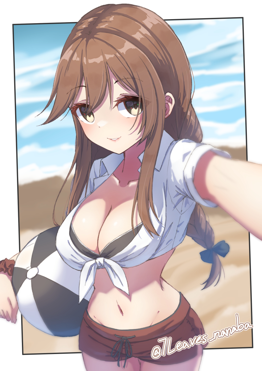 1girl absurdres ball beach beachball bikini bikini_under_clothes black_bikini braid breasts brown_hair cleavage commentary_request green_eyes highres kantai_collection large_breasts long_hair looking_at_viewer nanaba_(7leaves) navel noshiro_(kancolle) noshiro_(swimsuit)_(kancolle) ocean official_alternate_costume red_scrunchie red_shorts scrunchie selfie shirt shorts solo swept_bangs swimsuit tied_shirt twin_braids twitter_username white_shirt wrist_scrunchie