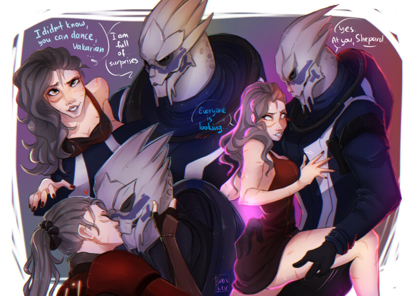 1boy 1girl alien armor beavlex black_gloves black_sclera blue_eyes breasts brown_hair colored_sclera commander_shepard commander_shepard_(female) dated_commentary dress english_text fingerless_gloves garrus_vakarian gloves grey_lips hair_behind_ear hetero highres holding_another&#039;s_thighs interspecies mass_effect_(series) mass_effect_3 medium_breasts parted_lips ponytail power_armor red_dress scar scar_on_arm scar_on_leg short_dress turian