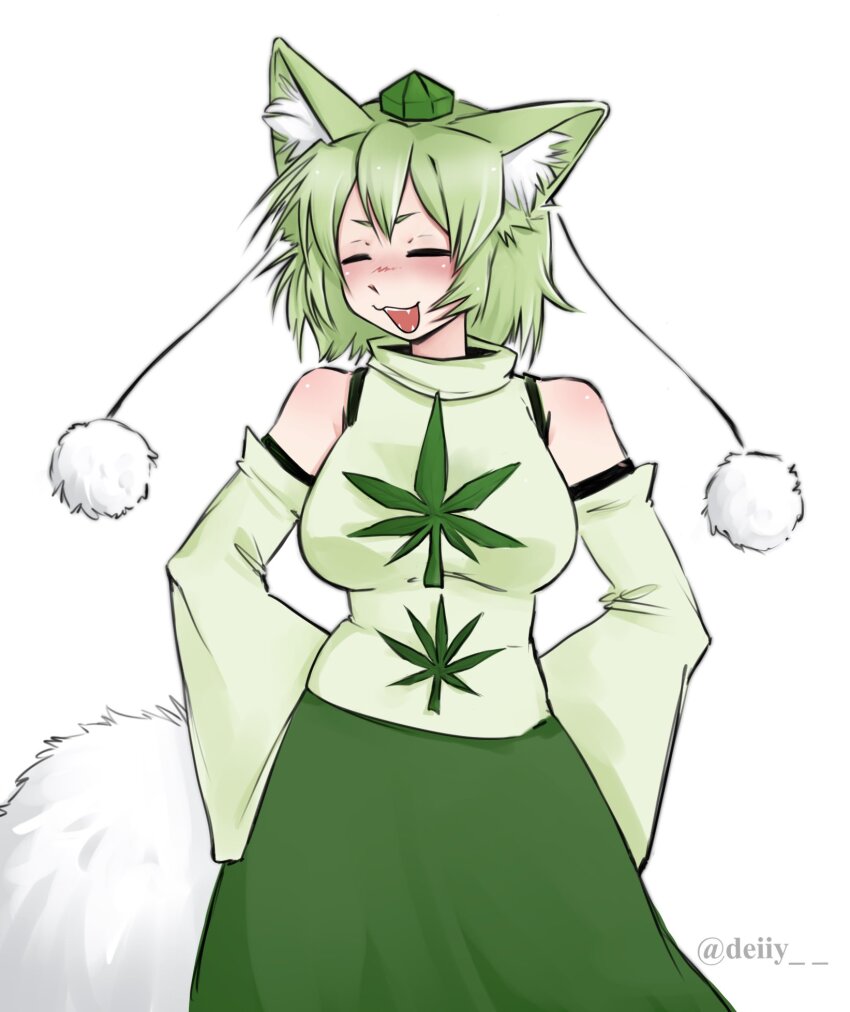 1girl alternate_color animal_ear_fluff animal_ears arms_behind_back blush breasts closed_eyes commentary cowboy_shot deily detached_sleeves english_commentary green_hair green_hat green_shirt green_skirt green_sleeves hat highres inubashiri_momiji marijuana medium_breasts open_mouth pom_pom_(clothes) shirt short_hair simple_background skirt sleeveless sleeveless_shirt smile solo tail tokin_hat touhou turtleneck turtleneck_shirt weed white_background wolf_ears wolf_girl wolf_tail