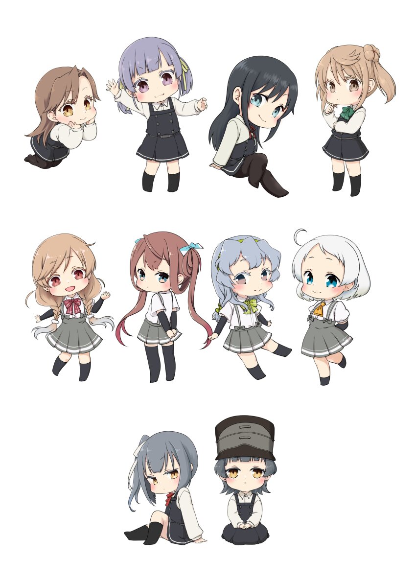 6+girls absurdres arare_(kancolle) arare_kai_ni_(kancolle) arashio_(kancolle) arashio_kai_ni_(kancolle) asagumo_(kancolle) asashio_(kancolle) asashio_kai_ni_(kancolle) black_dress black_hair black_socks black_thighhighs blue_eyes braid brown_hair chibi collared_shirt double_v dress dress_shirt grey_eyes grey_skirt hat highres kantai_collection kasumi_(kancolle) kasumi_kai_ni_(kancolle) long_hair michishio_(kancolle) michishio_kai_ni_(kancolle) minegumo_(kancolle) mocchi_(mocchichani) multiple_girls natsugumo_(kancolle) ooshio_(kancolle) ooshio_kai_ni_(kancolle) pinafore_dress pleated_skirt shirt shoes short_hair skirt sleeveless sleeveless_dress socks standing thighhighs twin_braids twintails unworn_shoes v waving white_hair white_shirt yamagumo_(kancolle)