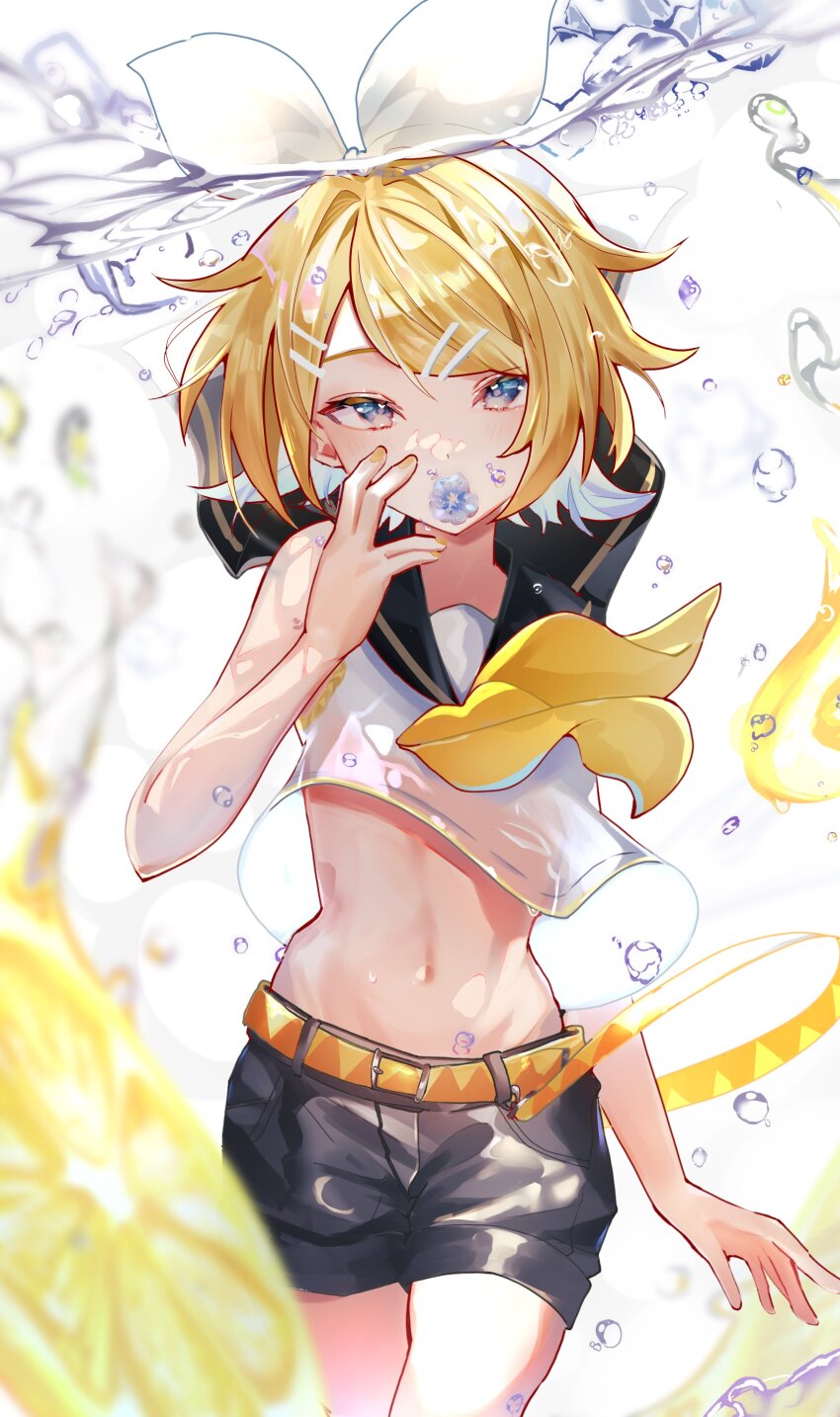 1girl absurdres air_bubble bare_arms bare_shoulders bass_clef belt black_sailor_collar black_shirt blonde_hair blue_eyes bow bubble commentary crop_top flower flower_over_mouth food fruit hair_bow hair_ornament hairclip half-closed_eyes highres inubangarou kagamine_rin lemon lemon_slice looking_at_viewer midriff narrow_waist navel neckerchief sailor_collar sailor_shirt see-through_clothes see-through_shirt shirt shorts skinny sleeveless sleeveless_shirt solo submerged underwater vocaloid white_bow yellow_belt yellow_neckerchief