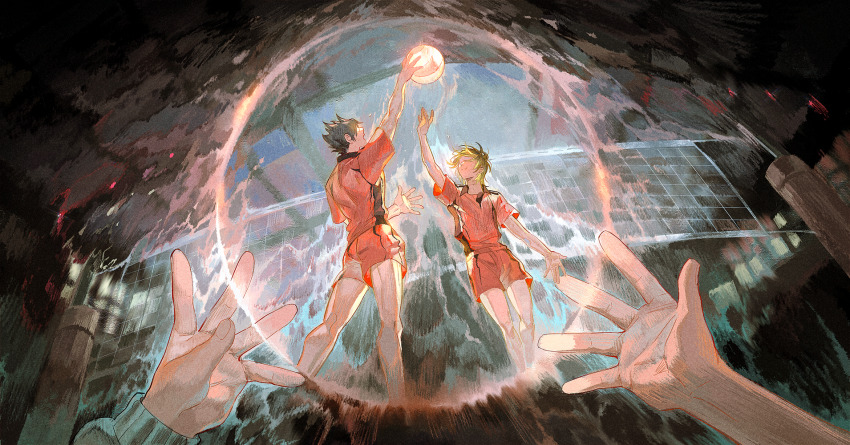 2boys arm_up ball black_hair blonde_hair from_below glowing haikyuu!! highres holding holding_ball kozume_kenma kuroo_tetsurou male_focus multiple_boys reaching shirt short_hair short_sleeves shorts sportswear standing volleyball volleyball_uniform yinzinmiemie
