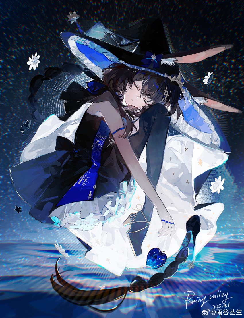 1girl absurdres ambience_synesthesia amiya_(arknights) amiya_(medic)_(arknights) amiya_(medic)_(solo_around_the_world)_(arknights) animal_ear_fluff animal_ears arknights armlet artist_name black_dress black_hair black_pantyhose bow braid buqiyong chinese_commentary closed_eyes commentary_request dated dress ears_through_headwear facing_viewer fetal_position flower frilled_dress frills hat hat_bow high_heels highres jewelry multicolored_dress multiple_rings official_alternate_costume pantyhose purple_bow purple_dress rabbit_ears rabbit_girl ring signature sleeping sleeveless sleeveless_dress witch_hat