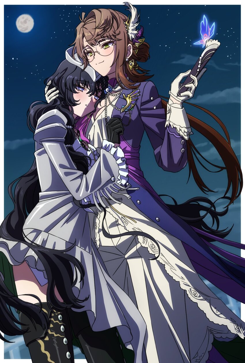 2girls black_hair brown_hair bug butterfly folded_fan folding_fan full_moon glasses hand_fan highres holding holding_fan hug insect isolde_(and_all_that_jazz)_(reverse:1999) isolde_(reverse:1999) kakania_(reverse:1999) kakania_(seminars_on_serenity)_(reverse:1999) long_hair moon moonlight multiple_girls night night_sky official_alternate_costume oiun reverse:1999 sky smile smug star_(sky) starry_sky yuri