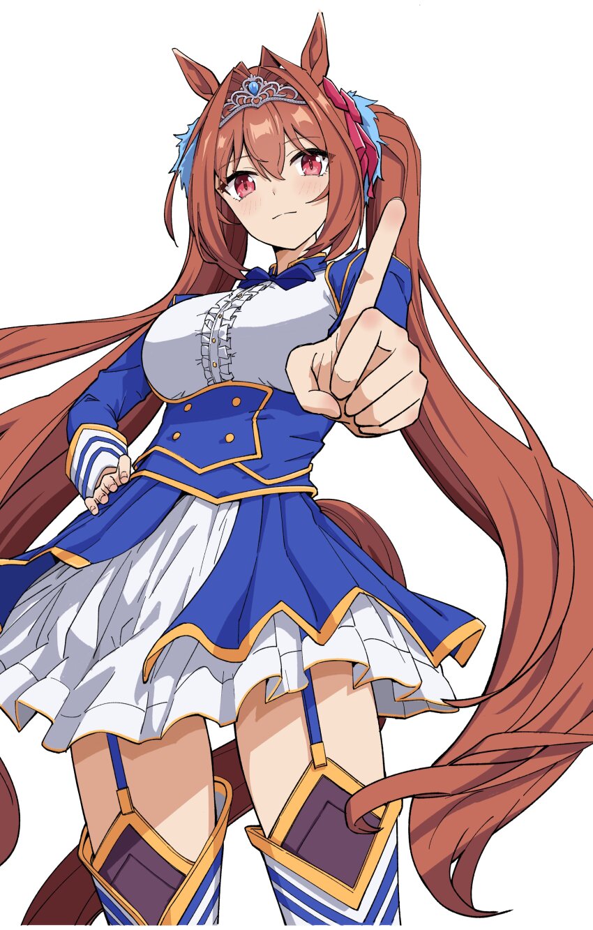 1girl absurdres animal_ears breasts brown_hair daiwa_scarlet_(umamusume) highres horse_ears horse_girl horse_tail looking_at_viewer oxymoron_0213 red_eyes simple_background smile solo tail tiara twintails umamusume white_background
