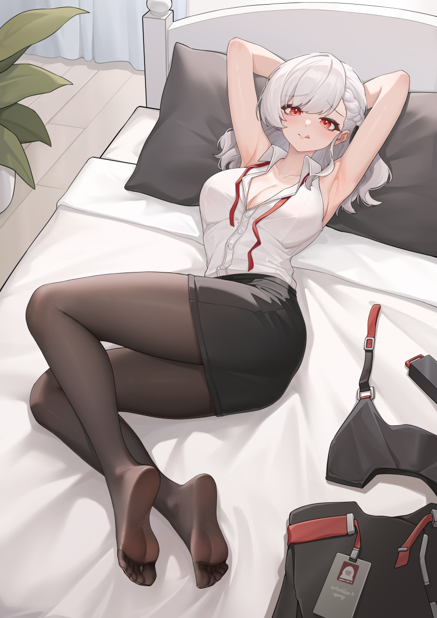 1girl 2840230290 absurdres armpit_crease armpits arms_behind_head black_pantyhose black_skirt breasts cleavage closed_mouth collarbone collared_shirt commentary_request dress_shirt feet foot_focus full_body girls&#039;_frontline girls&#039;_frontline_2:_exilium highres id_card indoors long_hair looking_at_viewer neck_ribbon no_shoes on_bed pantyhose pillow plant potted_plant red_eyes red_ribbon ribbon sabrina_(girls&#039;_frontline_2) shirt skirt smile soles solo spas-12_(girls&#039;_frontline) toes tongue tongue_out untied_ribbon unworn_clothes white_hair white_shirt wooden_floor