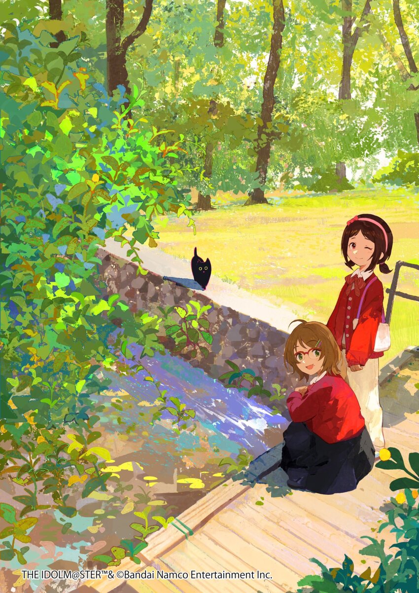 2girls ;) black_cat blurry bridge brown_hair cardigan cat copyright_name copyright_notice depth_of_field fragments_of_the_idolmaster_cinderella_girls green_eyes highres idolmaster idolmaster_cinderella_girls looking_at_viewer mengxuanliart multiple_girls muramatsu_sakura nature official_art one_eye_closed outdoors real_world_location red_cardigan red_eyes short_hair skirt smile stream tsuchiya_ako water