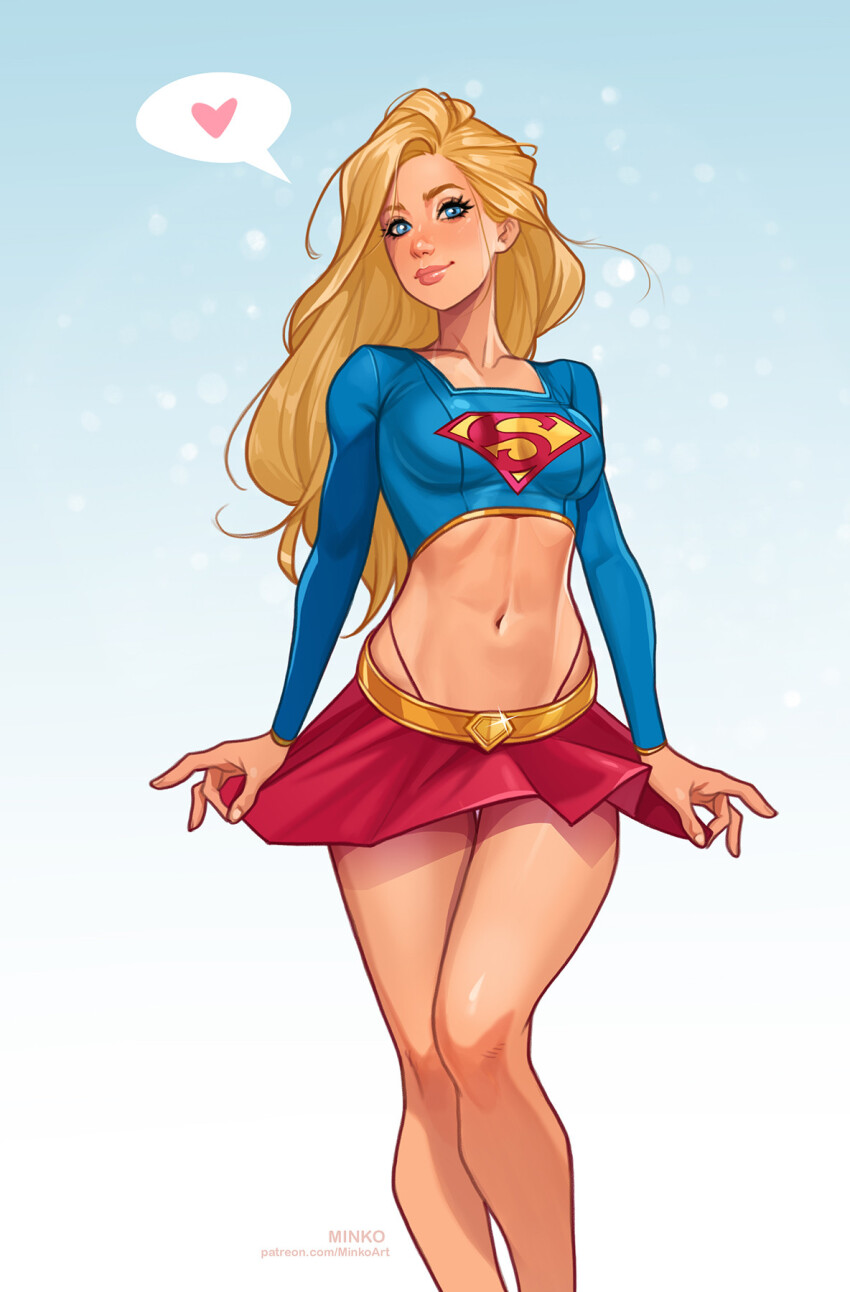 1girl artist_name blonde_hair blue_background blue_eyes blue_shirt breasts collarbone crop_top dc_comics gradient_background heart highres legs light_smile long_hair long_sleeves looking_at_viewer medium_breasts midriff miniskirt navel olena_minko patreon_username red_skirt shirt simple_background skirt solo speech_bubble spoken_heart supergirl superhero_costume superman_(series) superman_logo thigh_gap watermark web_address white_background
