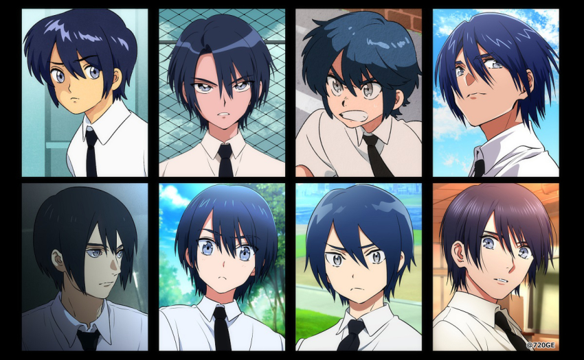 1960s_(style) 1970s_(style) 1980s_(style) 1990s_(style) 1boy angry black_hair black_necktie blue_eyes blue_hair blue_sky building closed_mouth cloud double_cross_(f.e.a.r.) fence frown grey_eyes hair_between_eyes indoors male_focus natsuo_(720ge) necktie oldschool outdoors parody parted_lips retro_artstyle sky solo style_parody sweat teeth tree twitter_username wanuki_akira