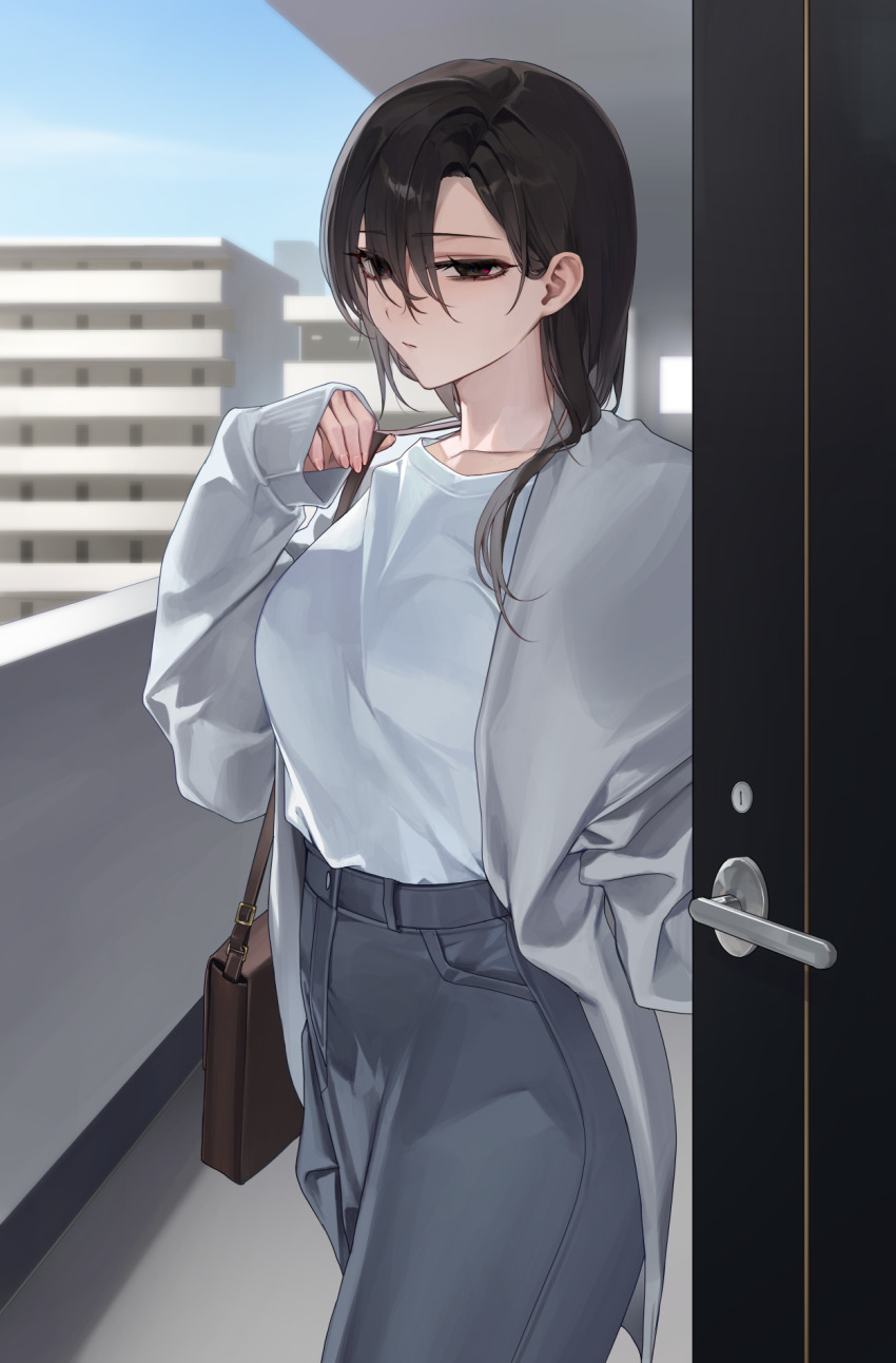 1girl apartment bag black_hair blue_pants blue_shirt building closed_mouth coat collarbone commentary_request day grey_coat hair_over_shoulder handbag highres long_bangs long_hair looking_at_viewer open_clothes open_coat open_door original outdoors pants parted_bangs sabotensuteeki shirt shirt_tucked_in sleeves_past_wrists solo standing