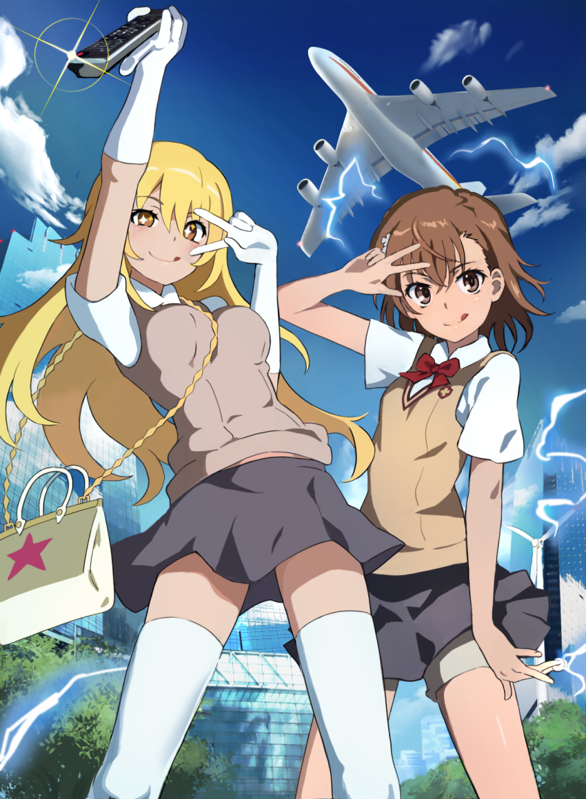 +_+ 2girls aircraft airplane bag blonde_hair blue_sky bow bowtie brown_eyes brown_hair brown_vest building cloud controller day elbow_gloves electricity electrokinesis feet_out_of_frame glint gloves grey_skirt handbag highres jet_airliner long_hair looking_at_viewer misaka_mikoto multiple_girls okken outdoors red_bow red_bowtie remote_control shokuhou_misaki short_hair shorts shorts_under_skirt skirt sky standing thighhighs toaru_kagaku_no_railgun toaru_kagaku_no_railgun_t toaru_majutsu_no_index tongue tongue_out v v_over_eye vest w w_over_eye white_gloves white_thighhighs