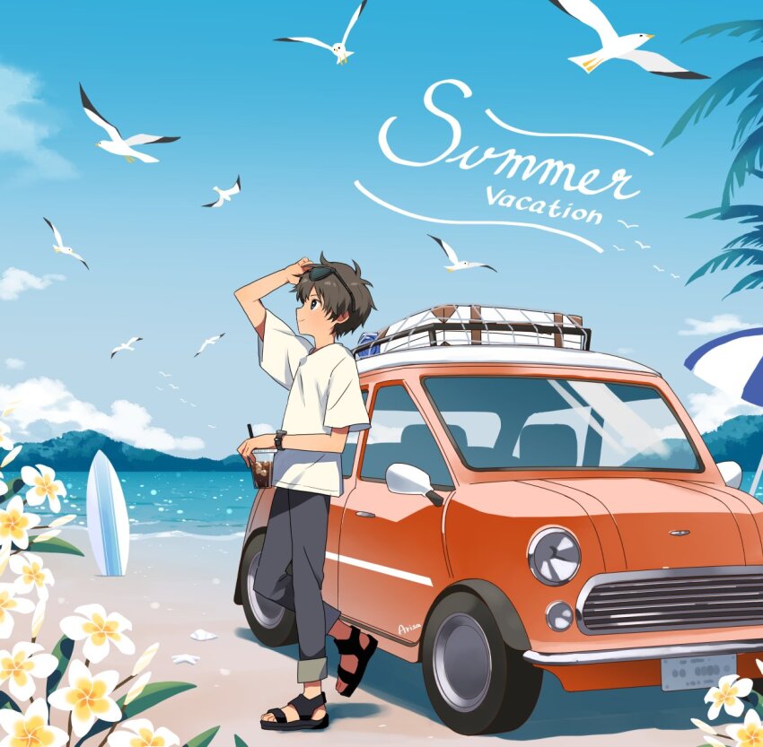 1boy arisa_(aren) arm_up artist_name beach bird black_sandals blue_eyes blue_sky brown_hair car closed_mouth day drink drinking_straw eyewear_on_head flower grey_pants highres holding holding_drink looking_up mini_cooper motor_vehicle mountain ocean original outdoors pants plant profile sandals seagull shirt short_hair short_sleeves signature simple_bird sky smile solo sports_sandals standing summer sunglasses sunlight surfboard t-shirt watch wheel white_flower white_shirt wide_shot wristwatch yellow_flower
