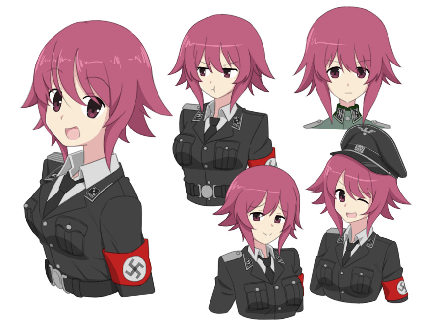 1girl 5pb. armband averting_eyes belt black_cat03 black_jacket chaos;child collar_tabs commission germany hair_between_eyes hat_ornament highres jacket looking_at_viewer looking_to_the_side military_uniform multiple_expressions multiple_views narrowed_eyes nazi necktie one_eye_closed onoe_serika open_mouth original pink_eyes pink_hair pout reichsadler sidelocks siegrunen simple_background skull_hat_ornament smile smirk smug solo ss_insignia ss_uniform swastika tongue totenkopf waffen-ss white_undershirt world_war_ii