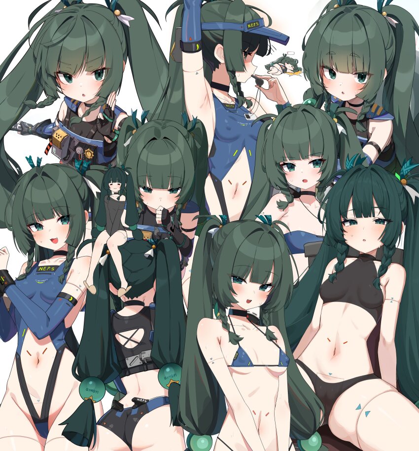 1girl :3 :d :o =_= absurdres alternate_costume android arm_up armlet armpits arms_between_legs ass back bare_arms bare_shoulders bikini black_bra black_choker black_gloves black_panties black_shirt black_sports_bra blowing_whistle blue_bikini blue_one-piece_swimsuit blue_sleeves blue_visor blunt_bangs blush body_markings bra braid braided_sidelocks breasts cameltoe chibi choker cleavage closed_mouth clothing_cutout collarbone covered_erect_nipples crop_top detached_sleeves dot_nose elbow_gloves fang fingerless_gloves from_behind gloves green_eyes green_hair hair_bobbles hair_ornament hair_ribbon half-closed_eyes highres holding holding_whistle jewelry loli long_hair looking_at_viewer midriff multiple_expressions multiple_views navel navel_cutout one-piece_swimsuit open_mouth panties police police_badge police_uniform policewoman qingyi_(zenless_zone_zero) ribbon shirt shoes side_braids sidelocks simple_background single_bare_shoulder sitting small_breasts smile sneakers solo sphere_hair_ornament sports_bra sports_panties spread_legs sweat sweatdrop swimsuit teeth thighs twin_braids twintails underwear upper_teeth_only very_long_hair visor_cap w.k whistle white_background zenless_zone_zero