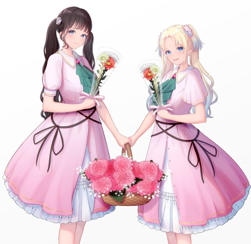 2girls :d animification basket black_hair blonde_hair blue_eyes blue_hair collared_dress commentary_request contrast_collar curtained_hair dream_believers dress feet_out_of_frame flower flower_basket frilled_dress frills gradient_hair green_flower hair_flower hair_ornament highres holding holding_basket holding_flower holding_together kan_kanna link!_like!_love_live! looking_at_viewer love_live! multicolored_hair multiple_girls noginogiro open_mouth osawa_rurino parted_bangs pink_dress pink_flower pink_ribbon puffy_short_sleeves puffy_sleeves real_life red_flower ribbon short_sleeves simple_background smile standing twintails virtual_youtuber voice_actor voice_actor_connection white_background white_flower