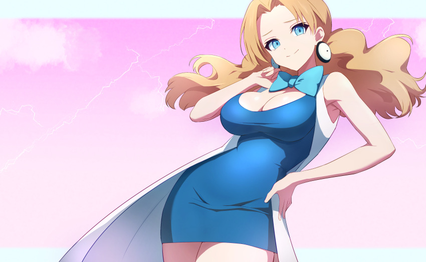 1girl aged_up alternate_breast_size bare_arms blonde_hair blue_dress blue_eyes bow breasts cleavage closed_mouth coat commentary_request commission dress earrings hand_on_own_hip highres jewelry large_breasts long_hair looking_down molly_hale nintendo open_clothes open_coat pink_background pixiv_commission pokemon pokemon_(anime) pokemon_(classic_anime) pokemon_3:_the_movie_-_spell_of_the_unown:_entei ryokuchabushi sleeveless sleeveless_coat smile solo white_coat
