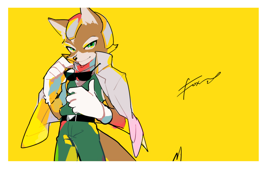 1boy animal_ears character_name closed_mouth commentary english_commentary fox_boy fox_ears fox_mccloud fox_tail furry furry_male green_eyes highres holding holding_removed_eyewear looking_at_viewer male_focus nintendo seto_(asils) smile star_fox sunglasses tail unworn_eyewear yellow_background