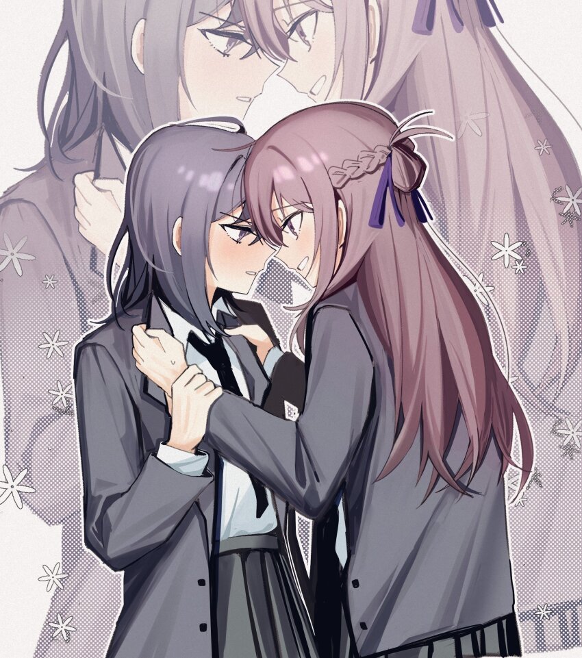 2girls black_necktie blue_eyes blue_hair blue_ribbon braid brown_eyes brown_hair clothes_grab collared_shirt commentary face-to-face grey_hair grey_jacket grey_skirt haidao_mao hair_ribbon half_up_braid hashtag-only_commentary highres holding_another&#039;s_wrist jacket long_hair long_sleeves medium_hair miyagi_shiori multiple_girls necktie open_mouth outline parted_lips pleated_skirt purple_eyes ribbon school_uniform sendai_hazuki shirt short_hair shuuniichido_classmate_wo_kau_hanashi sidelocks simple_background skirt smile white_background white_outline white_shirt yuri zoom_layer