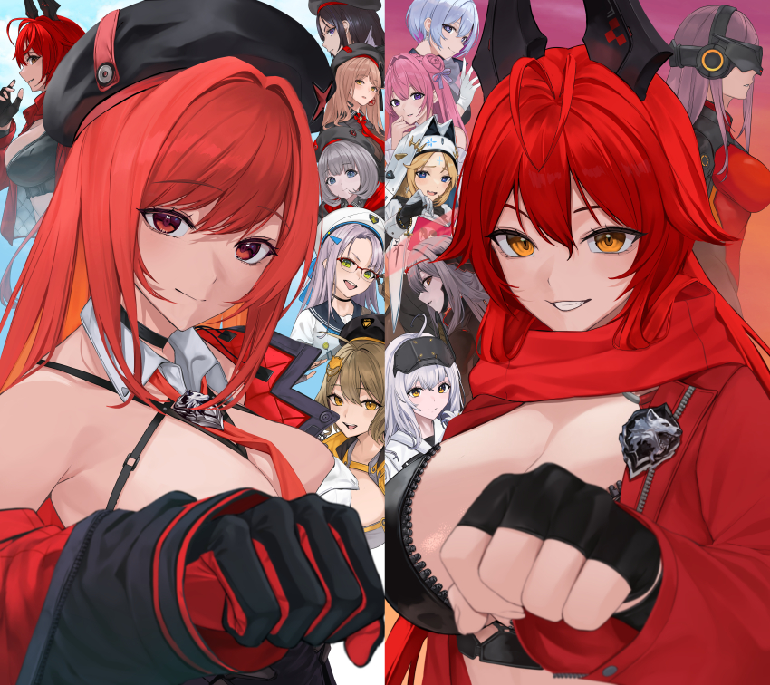 6+girls absolute_(nikke) absurdres ahoge anis_(nikke) antenna_hair armored_bodysuit armpit_crease bare_shoulders beret between_breasts black_bodysuit black_choker black_gloves black_hair black_hat black_jacket black_robe black_shirt black_skirt blonde_hair blue_background blue_eyes blue_sailor_collar bodystocking bodysuit book braid breasts bridal_gauntlets brown_bodysuit brown_eyes brown_hair cat_hair_ornament choker cleavage cloak closed_mouth commentary_request counters_(nikke) cropped_jacket cross cross_facial_mark detached_collar detached_sleeves dorothy_(nikke) dress earrings emma_(nikke) eunhwa_(nikke) facial_mark fingerless_gloves flower flower-shaped_hair frilled_dress frills glasses gloves goddess_(nikke) goddess_of_victory:_nikke green_eyes grey_hair grin habit hair_between_eyes hair_bun hair_flaps hair_intakes hair_ornament hat head-mounted_display heart heart-shaped_pupils highres holding holding_book holding_flower hood horns incoming_fist_bump jacket jewelry large_breasts leather leather_jacket liliweiss_(nikke) lily_(flower) long_hair long_sleeves looking_at_viewer mass-produced_nikke mechanical_horns medium_hair military_uniform multicolored_hair multiple_girls nagato_tsumugu necktie neon_(nikke) off_shoulder official_alternate_costume official_alternate_hair_color open_mouth over-rim_eyewear pink_hair pornography purple_eyes purple_hair purple_ribbon rapi_(mass_produced)_(nikke) rapi_(nikke) rapi_(red_hood)_(nikke) rapunzel_(nikke) rapunzel_(pure_grace)_(nikke) red_background red_bodysuit red_eyes red_gloves red_hair red_hood_(nikke) red_jacket red_necktie red_scarf ribbon robe sailor_collar sailor_shirt saliva scarf scarlet_(black_shadow)_(nikke) scarlet_(nikke) semi-rimless_eyewear shirt short_hair sidelocks single_bare_shoulder single_side_bun skirt smile snow_white_(innocent_days)_(nikke) snow_white_(nikke) standing star-shaped_pupils star_(symbol) star_earrings strap_between_breasts swept_bangs symbol-shaped_pupils teeth two-tone_gloves two-tone_hair unzipped upper_body upper_teeth_only very_long_hair vesti_(nikke) white_cloak white_dress white_gloves white_hair white_shirt yellow_eyes zipper