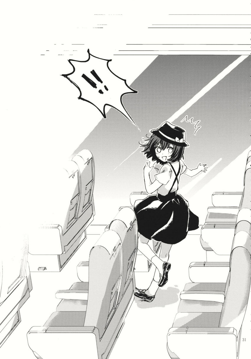 ! !! adapted_costume alternate_costume comic e-hentai_sample fedora from_behind greyscale hat highres image_sample indoors loafers monochrome seat shoes short_hair short_sleeves skirt surprised suspender_skirt suspenders torii_sumi touhou train_interior usami_renko