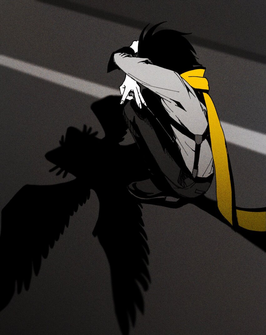 1boy arms_up belt black_trim cat_shadow_puppet_(meme) commentary crossed_arms highres kneeling long_scarf long_sleeves male_focus meme mochizuki_ryouji multiple_wings otoko_haza pants persona persona_3 scarf shadow shirt shirt_tucked_in shoes short_hair solo squatting suspenders symbol-only_commentary wings yellow_scarf