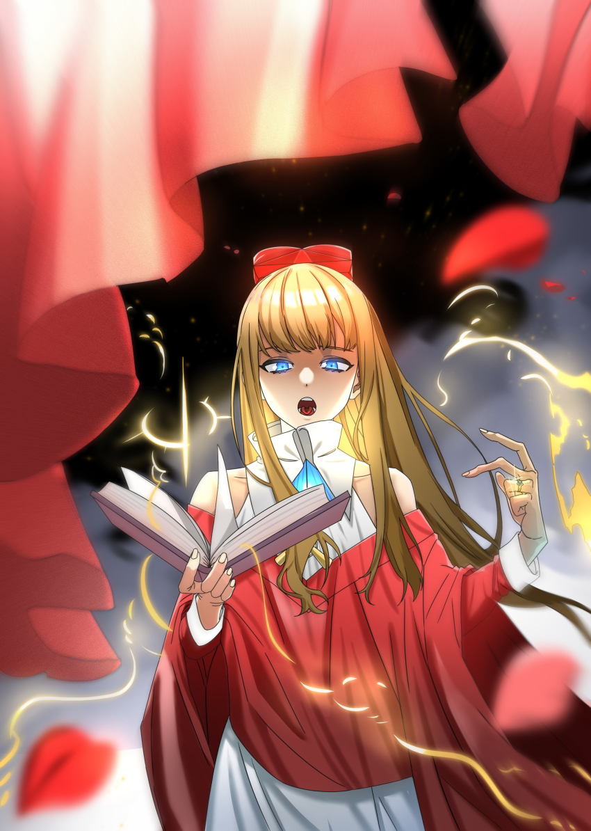 1girl absurdres biretta blonde_hair blue_eyes book cardinal_armand casting_spell electricity highres jewelry last_origin looking_at_viewer magic open_mouth rhlatm ring solo spell