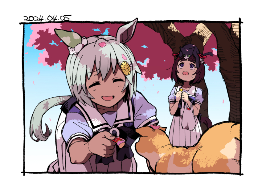 2girls all_fours animal animal_ears animal_on_head aqua_hair bag border cat cat_on_head cherry_blossoms closed_eyes dated ear_covers ears_down hair_ornament hairclip horse_ears horse_girl horse_tail multiple_girls nishino_flower_(umamusume) okachi on_head open_mouth outdoors petals plastic_bag purple_shirt school_uniform seiun_sky_(umamusume) shirt single_ear_cover skirt smile standing sweatdrop tail tracen_school_uniform tree umamusume white_skirt