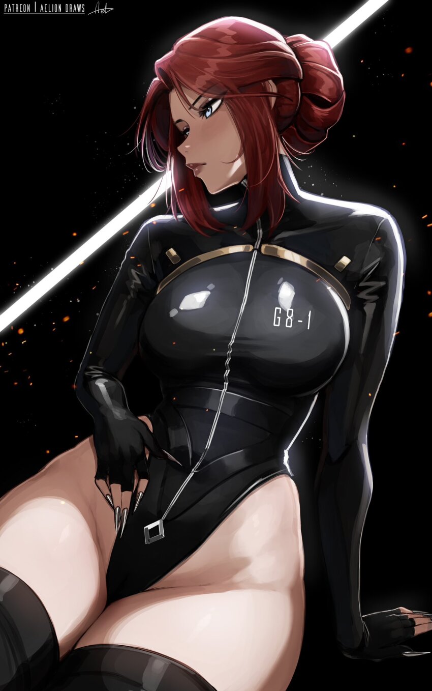 1girl aelion_draws aliyah_(aelion) arm_support black_background black_nails black_thighhighs blue_eyes blush breasts brown_eyeshadow eyelashes eyeshadow fingerless_gloves gloves hair_bun high_collar highleg highleg_leotard highres large_breasts latex latex_leotard latex_thighhighs leotard lips lipstick long_hair long_sleeves looking_to_the_side makeup original red_hair sidelocks sitting solo thighhighs thighs