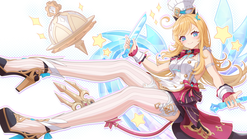 1girl agiri_(agiri_box) ahoge apron bare_shoulders blonde_hair blue_eyes blush breasts chef chef_hat commentary cowlick dress escoffier_(genshin_impact) fork_hair_ornament frills genshin_impact hair_ornament hat heart heart_in_eye high-low_skirt highres holding holding_knife holding_ladle ice knife knife_hair_ornament ladle long_hair looking_at_viewer lying mechanical_tail on_back red_ribbon ribbon smile solo soup_ladle symbol_in_eye tail thighhighs toque_blanche white_apron white_background white_hat white_thighhighs x_hair_ornament