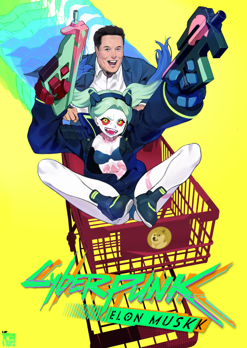 1boy 1girl absurdres artificial_eye black_hair black_jacket blue_bra blue_footwear bra breasts character_name collared_shirt colored_sclera colored_skin copyright_name cyberpunk_(series) cyberpunk_2077 cyberpunk_edgerunners cyborg doge dual_wielding elon_musk green_hair gun highres holding holding_gun holding_weapon in_shopping_cart jacket leg_tattoo long_hair looking_at_viewer mechanical_eye mechanical_hands mr_tangsuyuk open_mouth oversized_forearms oversized_limbs partially_unzipped pink_tattoo real_life rebecca_(cyberpunk) red_eyes red_pupils red_sclera samurai_jacket_(cyberpunk) shirt shopping_cart short_hair sitting small_breasts stomach_tattoo tattoo twintails underwear weapon white_shirt white_skin yellow_background